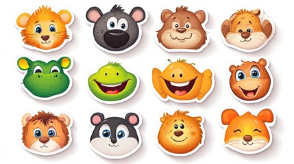 Naklejka premium A playful vector set of cartoon animal stickers with smiling faces on a white background