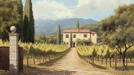 Fototapeta premium A peaceful vineyard in Tuscany, Italy, with rows of grapevines leading to a rustic villa.
