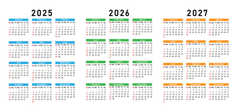 Set of calendars for 2025, 2026, and 2027 with 12-month sheet designs. Week starts on Sunday. Desk calendar design. Vector illustration.
