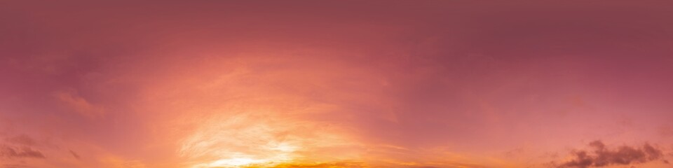 360 panorama of glowing sunset sky with bright pink Cirrus clouds. HDR 360 seamless spherical panorama. Full zenith or sky dome sky replacement for aerial drone panoramas. Climate and weather change.