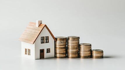A small house model placed beside a growing stack of coins on a white background, symbolizing financial growth