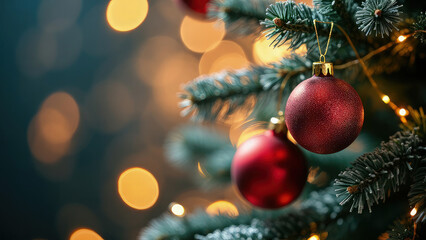 Vibrant holiday scene, featuring a beautifully decorated Christmas tree adorned with colorful ornaments. The background is filled with softly blurred, sparkling lights and warm gold bokeh effects