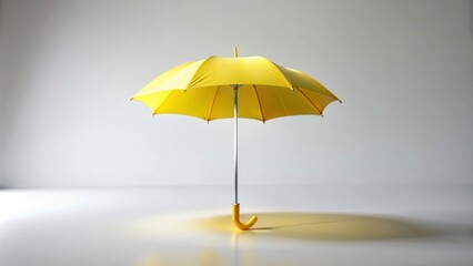 Obraz premium A vibrant yellow umbrella stands alone on a white backdrop, casting a soft shadow, symbolizing protection and optimism.