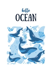 Sea postcard with ocean animals.Hello ocean.Vector illustration with underwater life.Sea world dwellers,cute underwater creatures,coral reef inhabitants in their natural habitat.