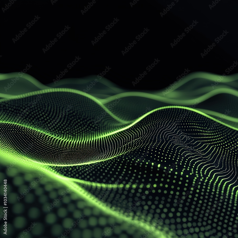 Poster abstract black dark background with green dots and lines, creating a wave pattern on the surface of 