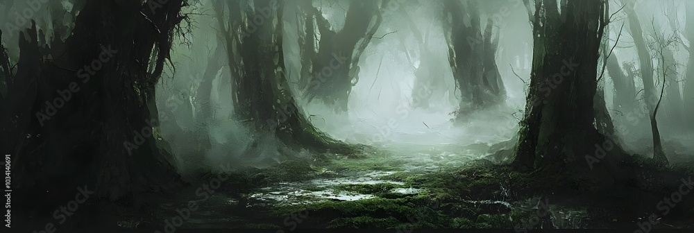 Poster mysterious and atmospheric misty woodland landscape with towering trees and moss covered ground crea