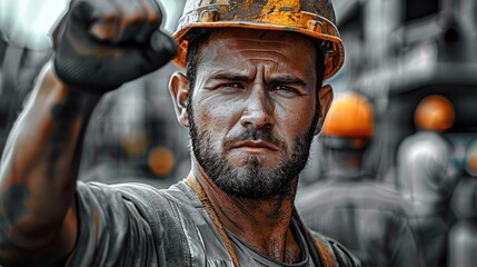 A construction worker, serious face making power full fist, intense look, proud faces, no smiling, workers in the background, construction site.