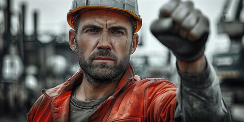 A construction worker, serious face making power full fist, intense look, proud faces, no smiling, workers in the background, construction site.