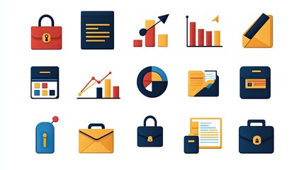A vector set of business icons with bar charts, briefcases, and documents on a white background