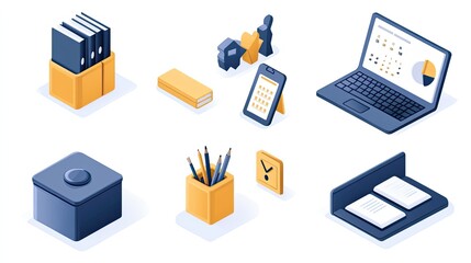 A vector set of office icons, including a laptop, desk, and calendar, on a white background