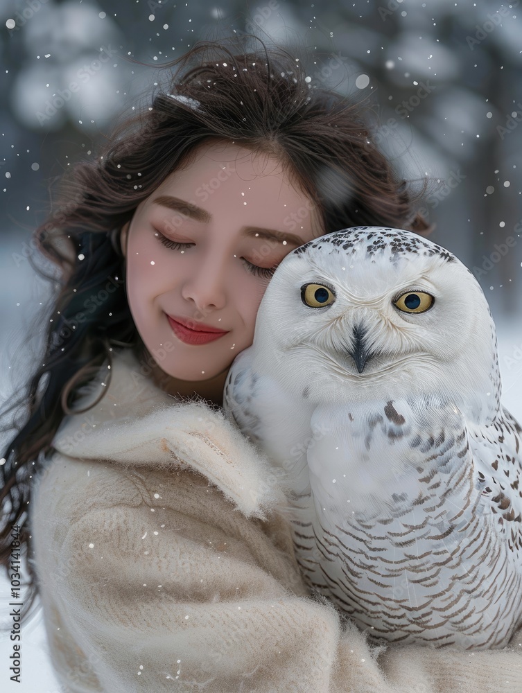 Wall mural A white owl is holding an Asian beauty in its arms, smiling, with snowy forests as the background.