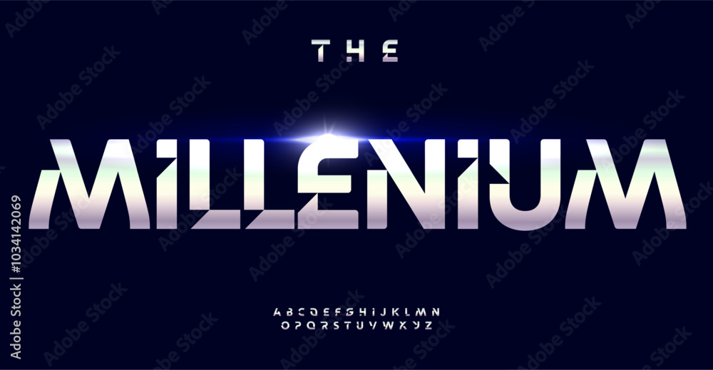 Poster tech metallic font, futuristic angular letters, bold digital headline, geometric cutting edge design