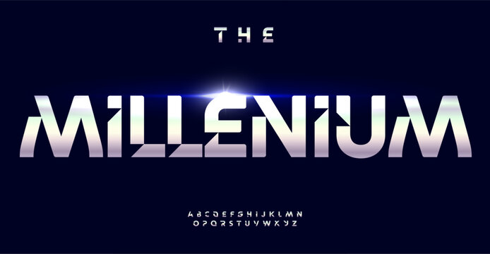 Tech metallic font, futuristic angular letters, bold digital headline, geometric cutting edge design, sci-fi typography. Vector typeset.