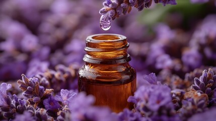 A drop of lavender essential oil gently falls from a dropper into a glass bottle resting in a bed of vibrant lavender flowers, creating a calming ambiance.