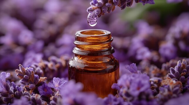 A drop of lavender essential oil gently falls from a dropper into a glass bottle resting in a bed of vibrant lavender flowers, creating a calming ambiance.