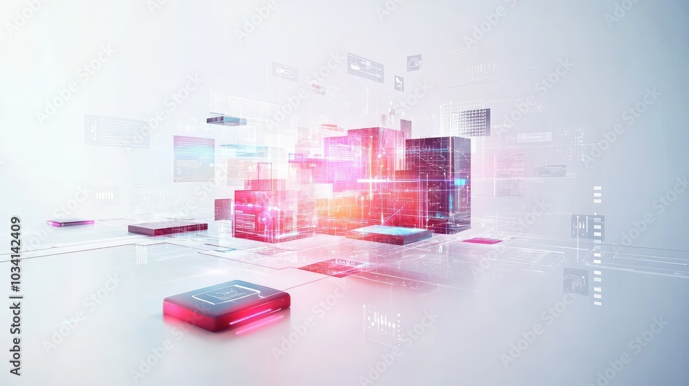 Poster futuristic vector graphics showing the digitization of business workflows, floating on a white backg