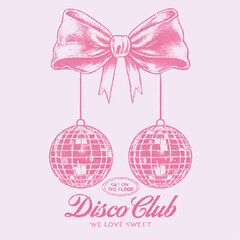 Cherry fruit print. Nature fruit print. Disco club print design apparel. Dance party artwork. Find your perfect pair. Mirror ball with bow artwork.