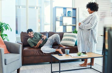 Couple, flash and man gaming in living room of home with controller for challenge or competition. Distraction, frustration or lonely with guy and woman in apartment for flirting or sexual temptation