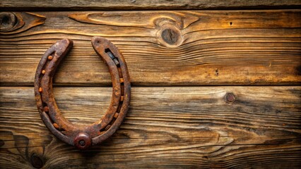 A rusty horseshoe leaning against weathered wooden planks, showcasing a timeless symbol of luck and tradition.