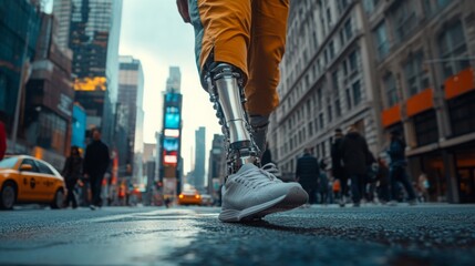 Obraz premium A pedestrian with a prosthetic leg strides confidently down a busy urban street lined with tall buildings. Yellow taxis and a crowd of diverse individuals surround them in the vibrant atmosphere.