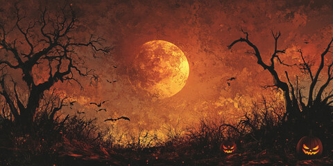 Eerie glow of the moon casts its ethereal light upon the ancient forest, painting a haunting scene of Halloween night,Generated By Ai