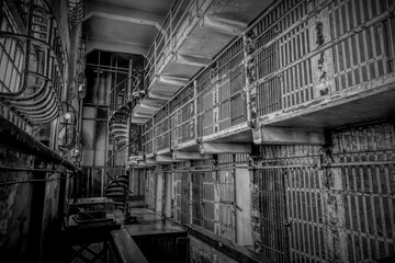 A historic cell block of Alcatraz, the infamous prison located on an island in San Francisco Bay.