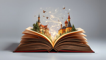 Open book with fairytales and magic lights. Creative design isolated with white highlights, png