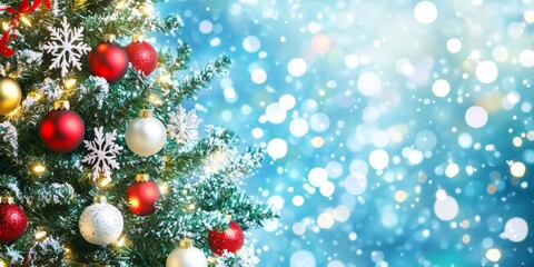 Merry Christmas and Happy New Year with a decorated Christmas tree festive background.