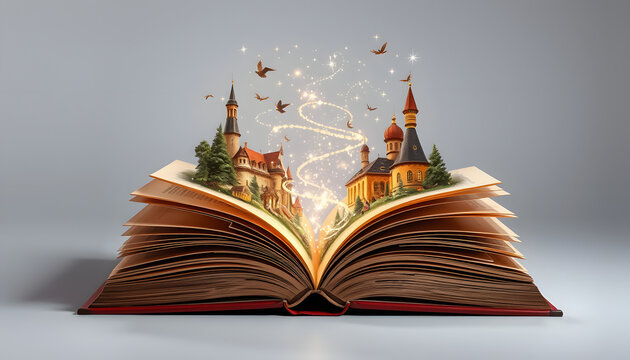 Open book with fairytales and magic lights. Creative design isolated with white highlights, png