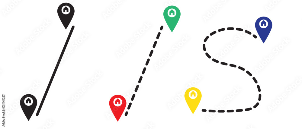 Poster map and location symbols set. mapping icon collection. geolocation map path distance. gps cartograph