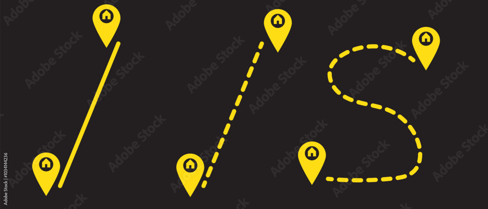 Poster map and location symbols set. mapping icon collection. geolocation map path distance. gps cartograph