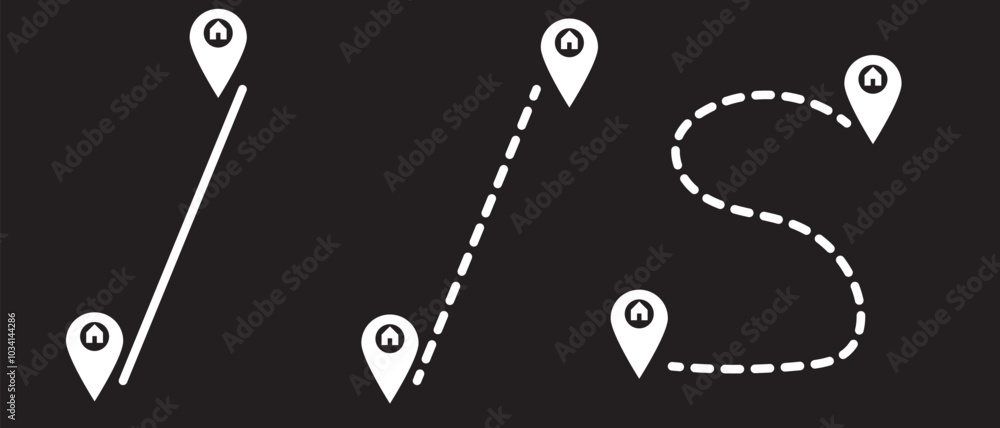 Poster map and location symbols set. mapping icon collection. geolocation map path distance. gps cartograph