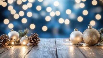 Fototapeta premium A rustic wooden backdrop features lush green pine branches and decorative cones, evoking a warm winter and Christmas ambiance perfect for festive celebrations