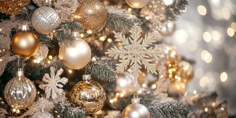 Merry Christmas and Happy New Year with a decorated Christmas tree festive background.