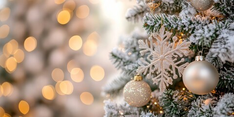 Merry Christmas and Happy New Year with a decorated Christmas tree festive background.