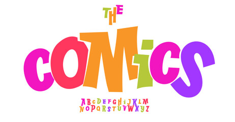 Playful comic alphabet, vibrant exaggerated letters, colorful cartoon style font for childish branding, lively headline, energetic kid logo, entertainment typography. Vector typeset