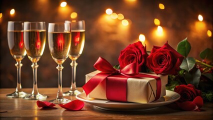 A romantic table setting featuring champagne flutes, red roses, a wrapped gift, and a warm glow of candlelight.