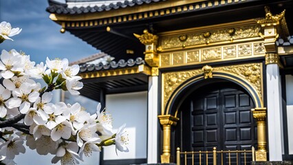Fototapeta premium A traditional Japanese temple with a black and gold facade and a cherry blossom tree in bloom.