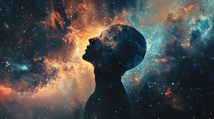 A silhouette of a person's head with a galaxy inside, symbolizing the vastness of the mind.