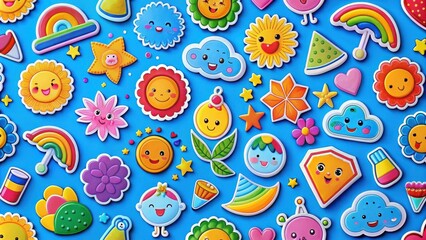 Naklejka premium A vibrant and playful background of colorful cartoon stickers with happy faces, representing a joyful and whimsical world.