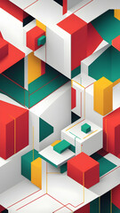 Geometric Cubical Background with red, green, yellow accents, Modern, Minimalist Design on White