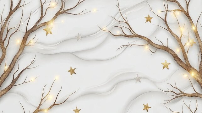 This backdrop features a soft gray surface adorned with sparkling Christmas lights, gold stars, and silver tree branches, perfect for cake smash photography during the holidays