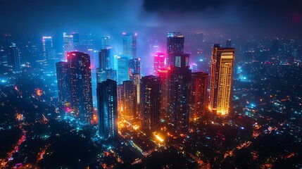 Fototapeta premium An aerial view of a modern city skyline at night with illuminated skyscrapers.