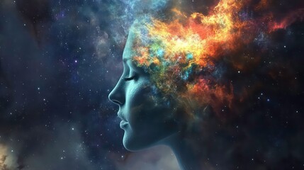 Obraz premium A woman's profile with a colorful nebula exploding from her head against a starry background.