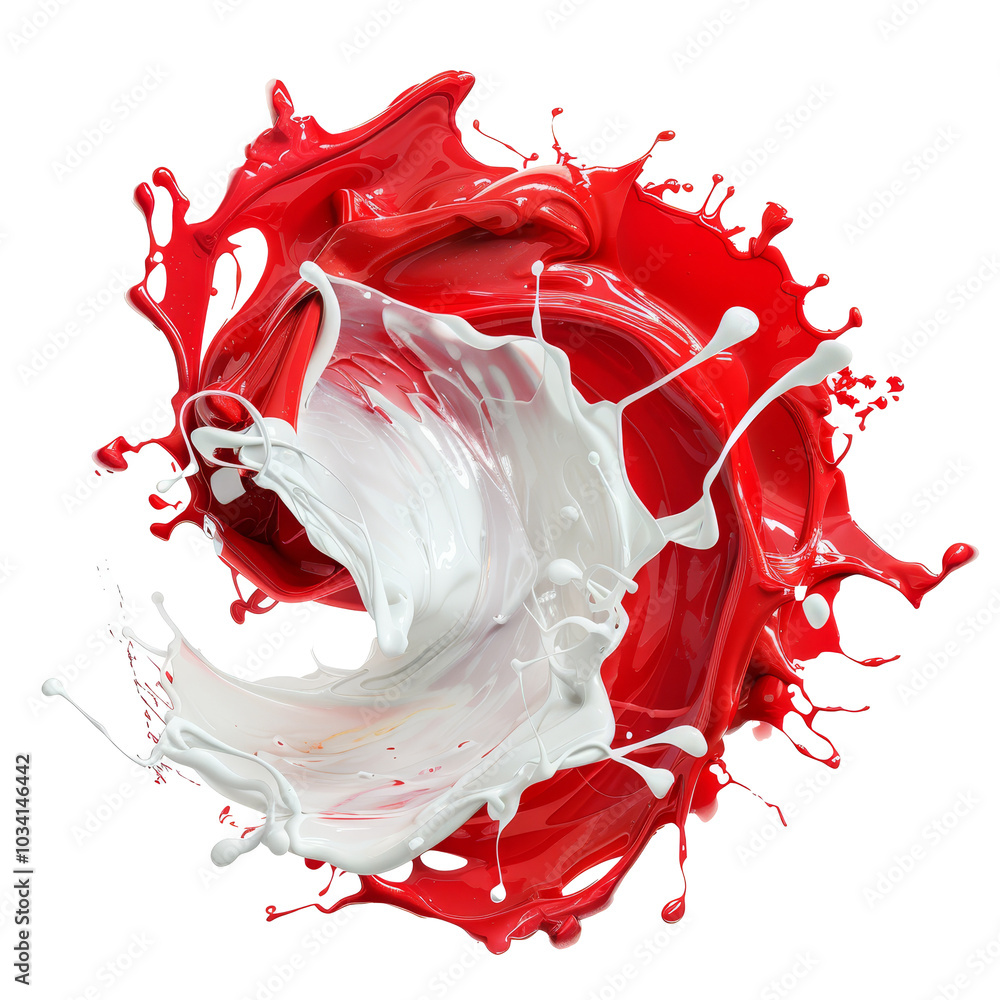 Poster dynamic splash of red and white liquids creating an artistic swirl on a bright background