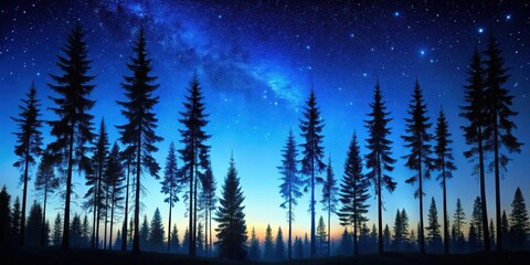 Obraz premium A Dark Forest Stands Tall Against a Vibrant Night Sky with a Milky Way Galaxy Shining Above