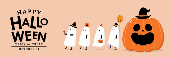 Happy halloween party greeting card with cute ghost, spooky pumpkin and fancy hat. Holidays cartoon character. -Vector