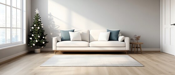 Coastalstyle living room with beachy Christmas decor, 3D illustration