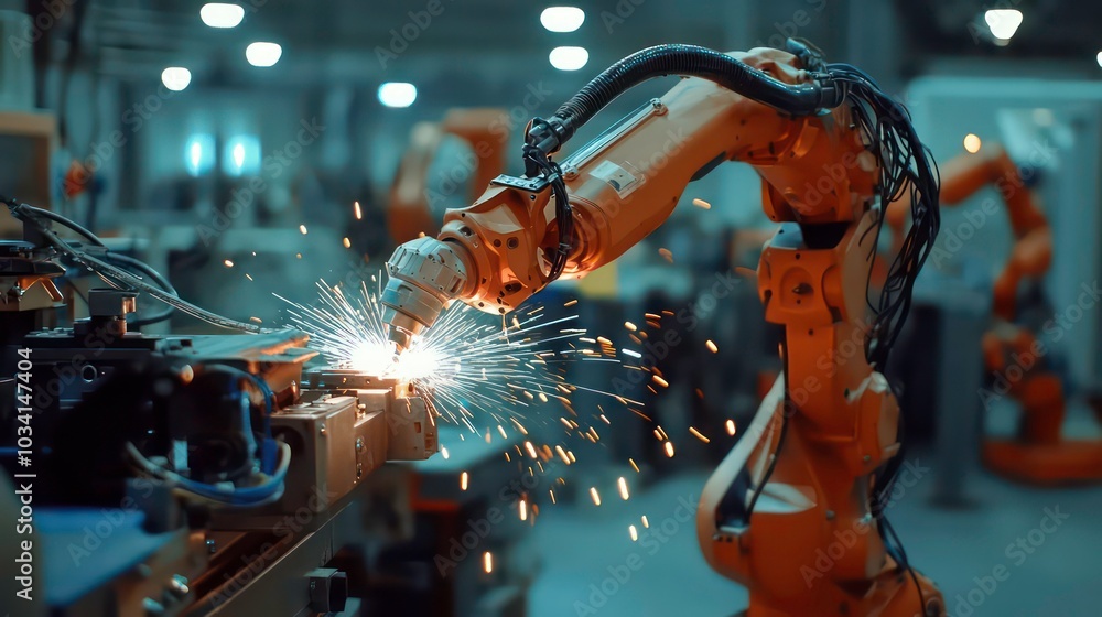 Poster an orange robotic arm with a welding torch is welding a metal part in a factory.