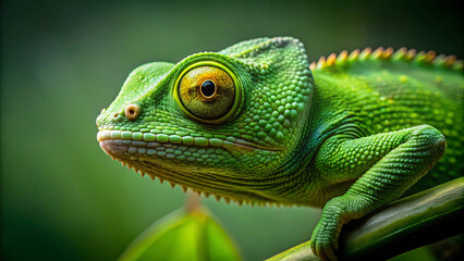 Fototapeta premium Green chameleon basking on a sunlit branch, vibrant green scales contrasting against the lush foliage